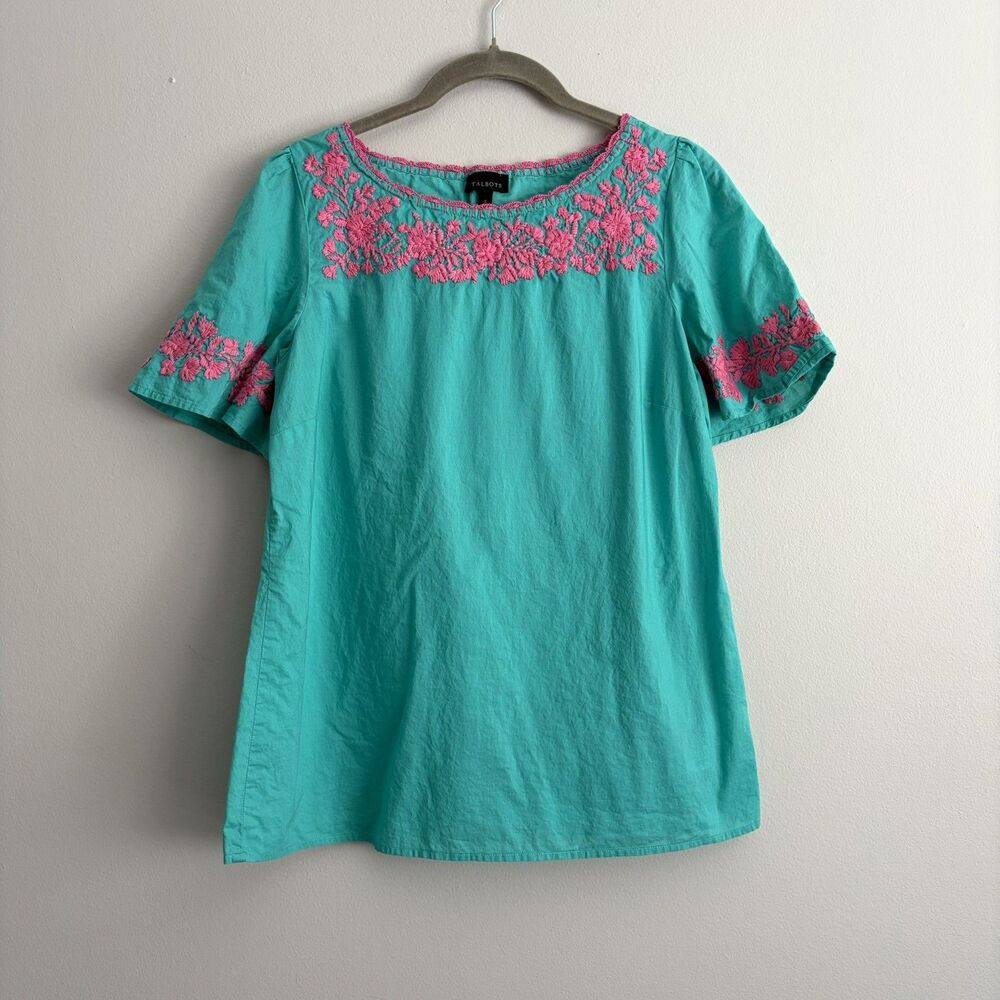 Talbots Teal Pink Embroidered Short Sleeve Blouse Size Small Peasant Cottagecore